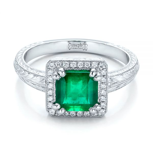  Platinum Custom Emerald And Diamond Halo Engagement Ring - Flat View -  101276