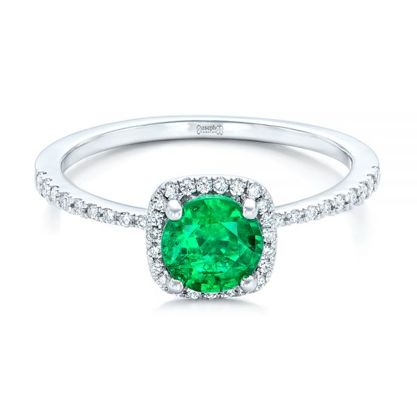 14k White Gold Custom Emerald And Diamond Halo Engagement Ring - Flat View -  102483