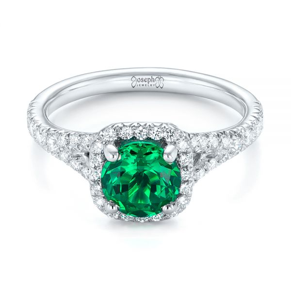 18k White Gold 18k White Gold Custom Emerald And Diamond Halo Engagement Ring - Flat View -  103476