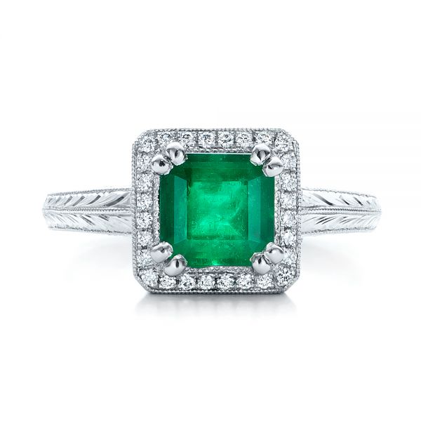  Platinum Custom Emerald And Diamond Halo Engagement Ring - Top View -  101276