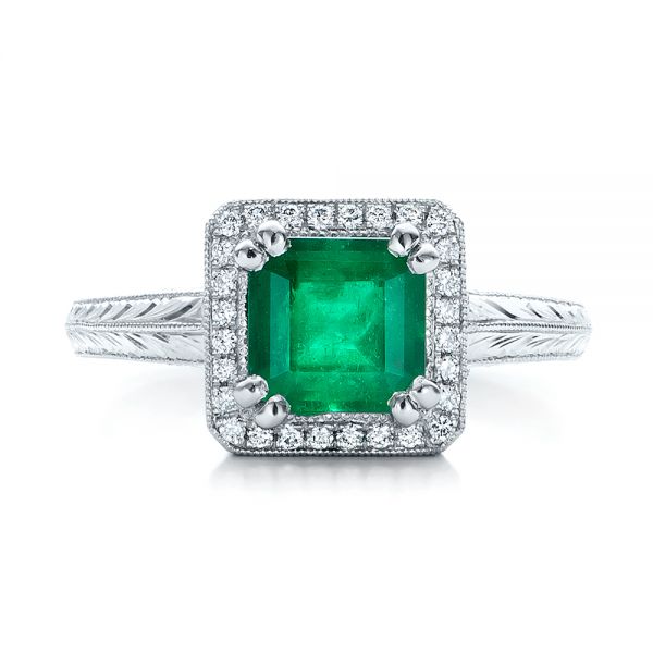 18k White Gold 18k White Gold Custom Emerald And Diamond Halo Engagement Ring - Top View -  101276