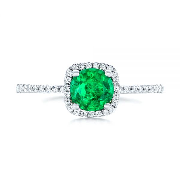 14k White Gold Custom Emerald And Diamond Halo Engagement Ring - Top View - 102483