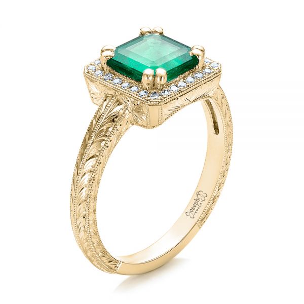 14k Yellow Gold 14k Yellow Gold Custom Emerald And Diamond Halo Engagement Ring - Three-Quarter View -  101276