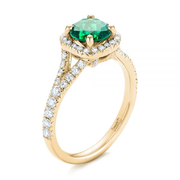 14k Yellow Gold 14k Yellow Gold Custom Emerald And Diamond Halo Engagement Ring - Three-Quarter View -  103476