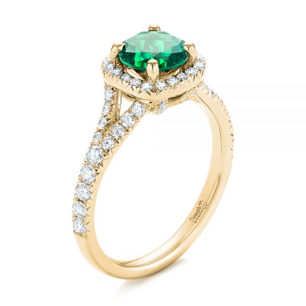 18k Yellow Gold 18k Yellow Gold Custom Emerald And Diamond Halo Engagement Ring - Three-Quarter View -  103476