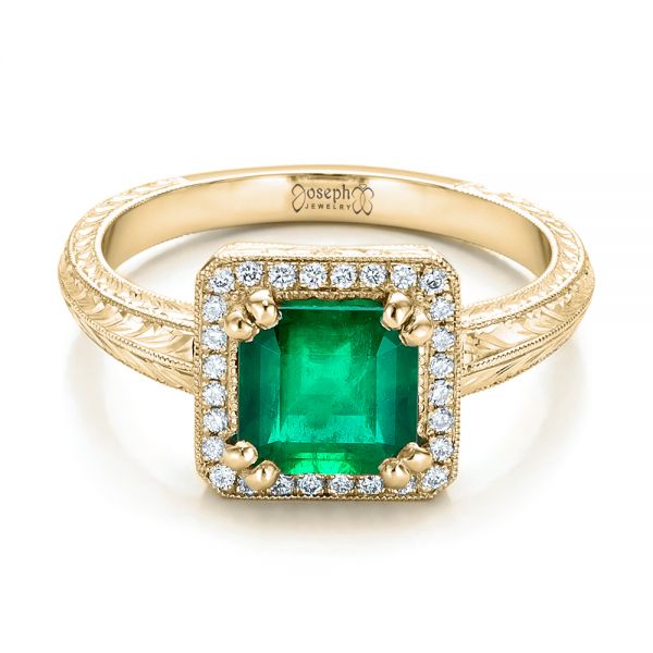 18k Yellow Gold 18k Yellow Gold Custom Emerald And Diamond Halo Engagement Ring - Flat View -  101276