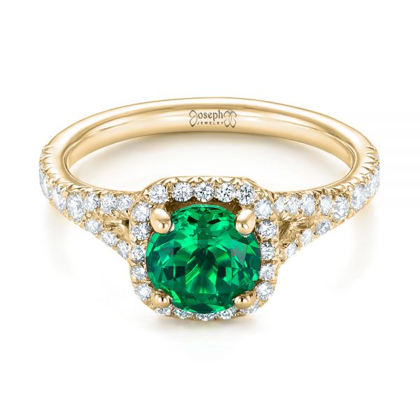 18k Yellow Gold 18k Yellow Gold Custom Emerald And Diamond Halo Engagement Ring - Flat View -  103476