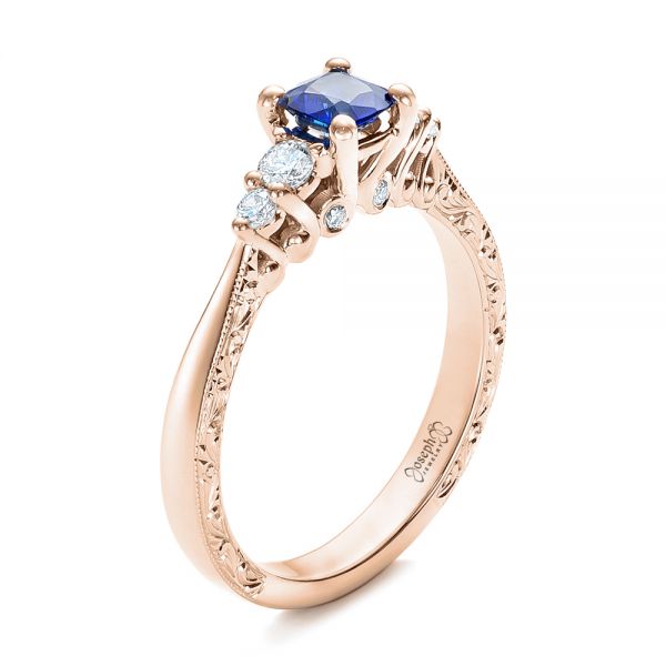 14k Rose Gold 14k Rose Gold Custom Engraved Blue Sapphire And Diamond Engagement Ring - Three-Quarter View - 101957