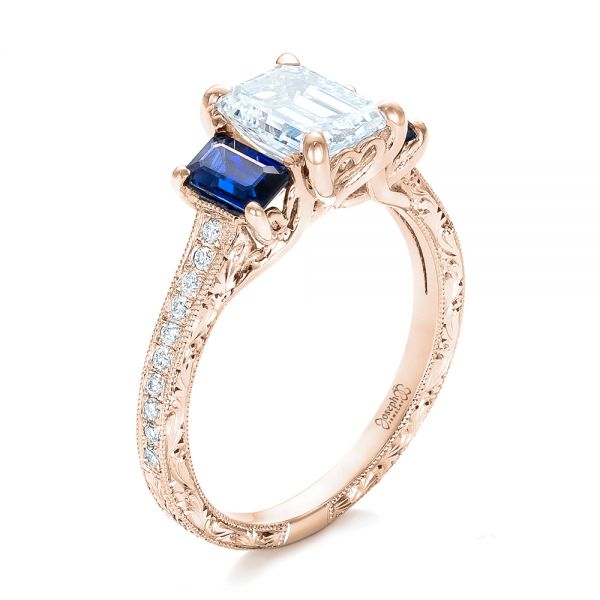 18k Rose Gold 18k Rose Gold Custom Engraved Blue Sapphire And Diamond Engagement Ring - Three-Quarter View -  102110