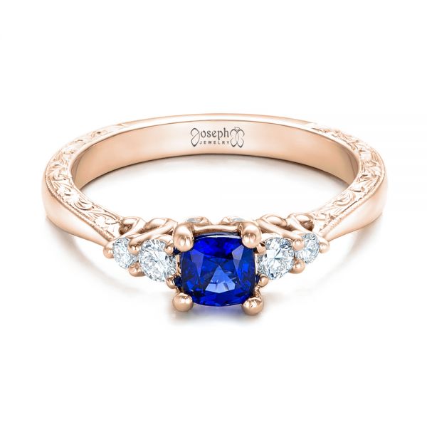 18k Rose Gold 18k Rose Gold Custom Engraved Blue Sapphire And Diamond Engagement Ring - Flat View -  101957