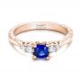 14k Rose Gold 14k Rose Gold Custom Engraved Blue Sapphire And Diamond Engagement Ring - Flat View -  101957 - Thumbnail