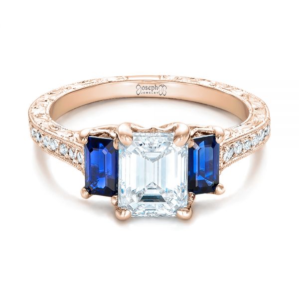 18k Rose Gold 18k Rose Gold Custom Engraved Blue Sapphire And Diamond Engagement Ring - Flat View -  102110