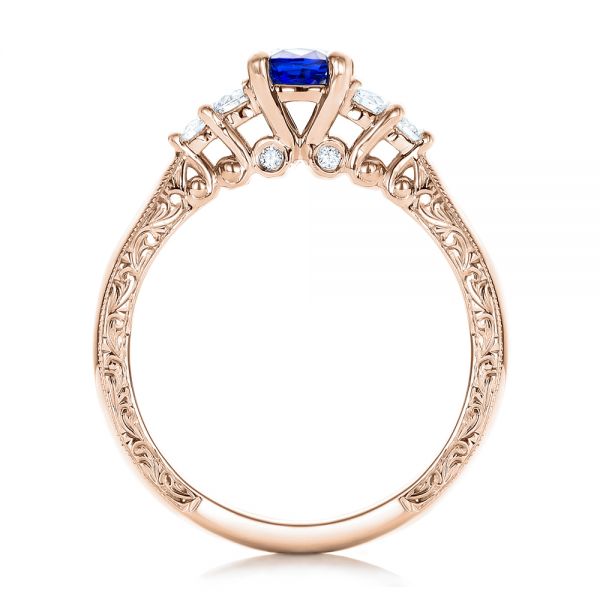 14k Rose Gold 14k Rose Gold Custom Engraved Blue Sapphire And Diamond Engagement Ring - Front View - 101957