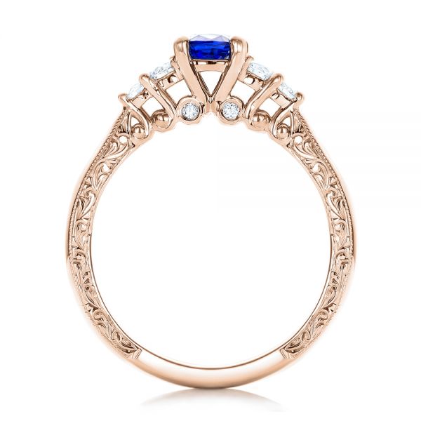 18k Rose Gold 18k Rose Gold Custom Engraved Blue Sapphire And Diamond Engagement Ring - Front View -  101957