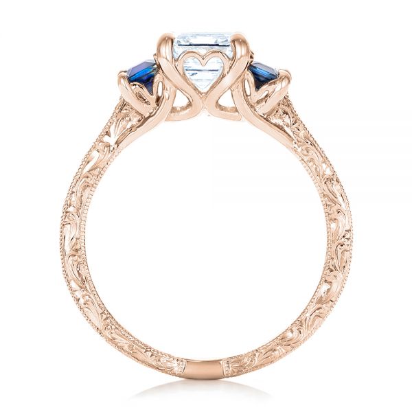 18k Rose Gold 18k Rose Gold Custom Engraved Blue Sapphire And Diamond Engagement Ring - Front View -  102110