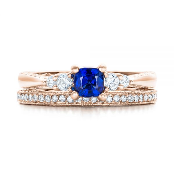14k Rose Gold 14k Rose Gold Custom Engraved Blue Sapphire And Diamond Engagement Ring - Top View - 101957