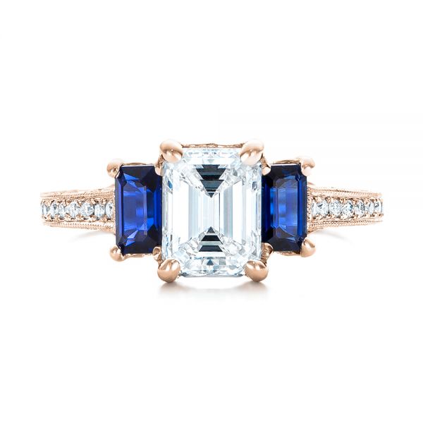 18k Rose Gold 18k Rose Gold Custom Engraved Blue Sapphire And Diamond Engagement Ring - Top View -  102110