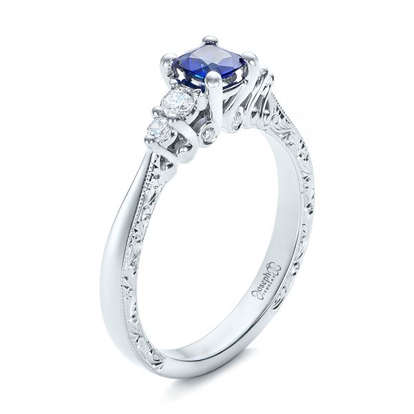14k White Gold Custom Engraved Blue Sapphire And Diamond Engagement Ring - Three-Quarter View -  101957