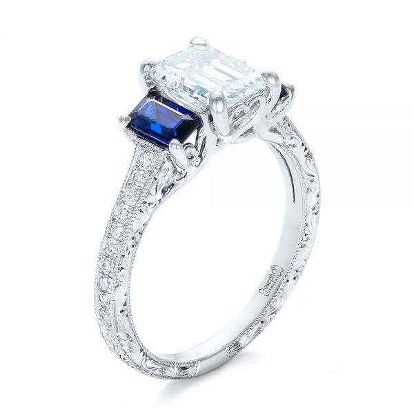 18k White Gold 18k White Gold Custom Engraved Blue Sapphire And Diamond Engagement Ring - Three-Quarter View -  102110