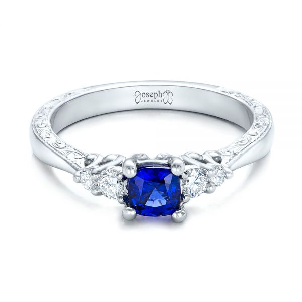  Platinum Platinum Custom Engraved Blue Sapphire And Diamond Engagement Ring - Flat View -  101957