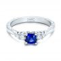 14k White Gold Custom Engraved Blue Sapphire And Diamond Engagement Ring - Flat View -  101957 - Thumbnail