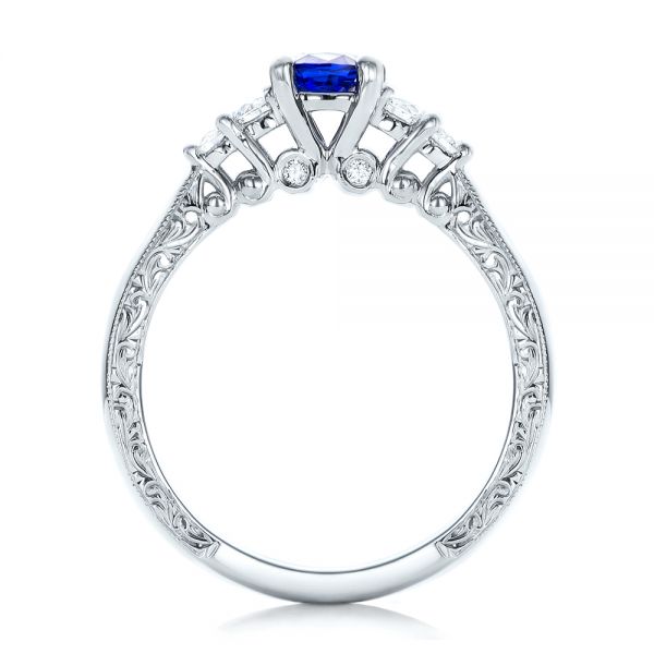 18k White Gold 18k White Gold Custom Engraved Blue Sapphire And Diamond Engagement Ring - Front View -  101957