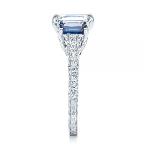 Platinum Custom Engraved Blue Sapphire And Diamond Engagement Ring - Side View - 102110