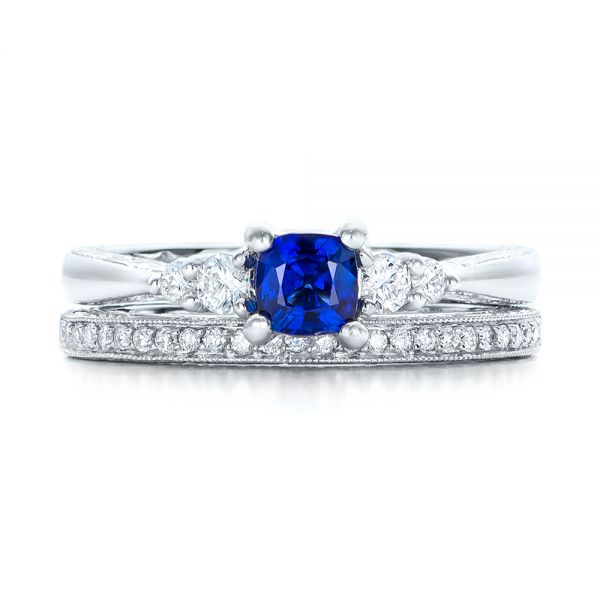  Platinum Platinum Custom Engraved Blue Sapphire And Diamond Engagement Ring - Top View -  101957