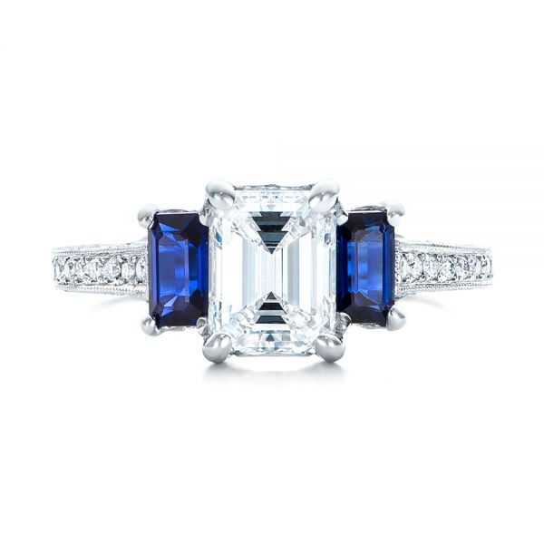 14k White Gold 14k White Gold Custom Engraved Blue Sapphire And Diamond Engagement Ring - Top View -  102110