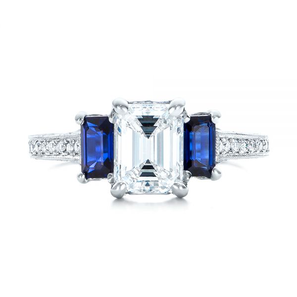 Platinum Custom Engraved Blue Sapphire And Diamond Engagement Ring - Top View - 102110