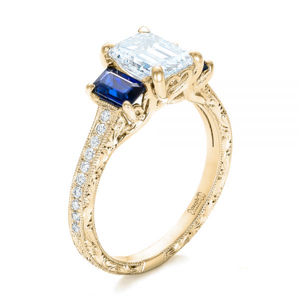 14k Yellow Gold 14k Yellow Gold Custom Engraved Blue Sapphire And Diamond Engagement Ring - Three-Quarter View - 102110