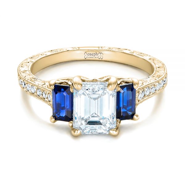18k Yellow Gold 18k Yellow Gold Custom Engraved Blue Sapphire And Diamond Engagement Ring - Flat View -  102110