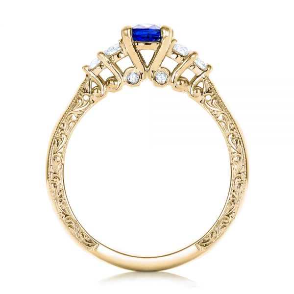 18k Yellow Gold 18k Yellow Gold Custom Engraved Blue Sapphire And Diamond Engagement Ring - Front View -  101957