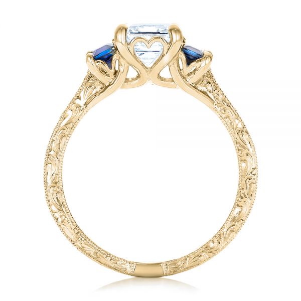 18k Yellow Gold 18k Yellow Gold Custom Engraved Blue Sapphire And Diamond Engagement Ring - Front View -  102110