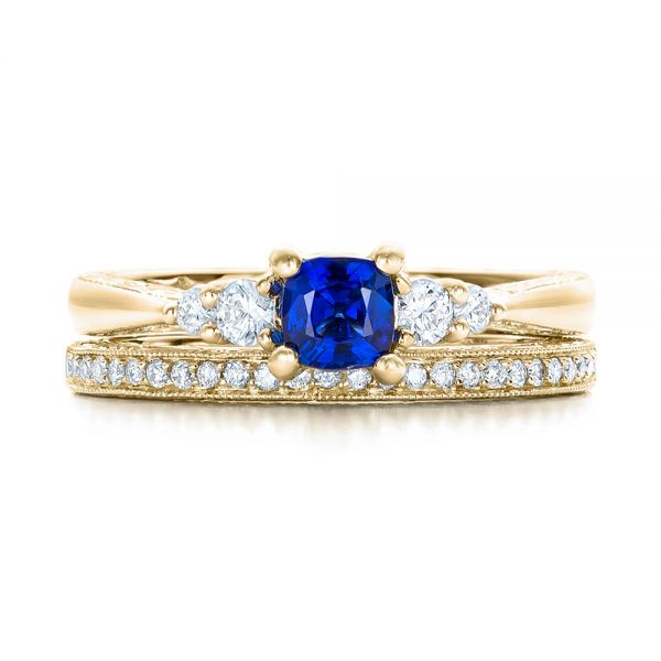 18k Yellow Gold 18k Yellow Gold Custom Engraved Blue Sapphire And Diamond Engagement Ring - Top View -  101957