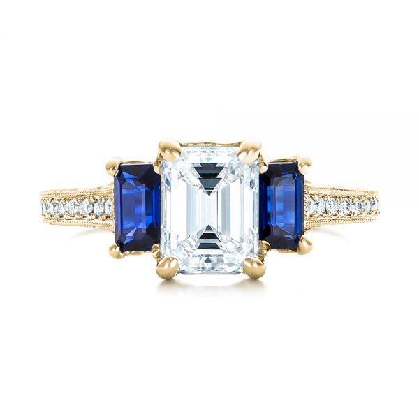 18k Yellow Gold 18k Yellow Gold Custom Engraved Blue Sapphire And Diamond Engagement Ring - Top View -  102110