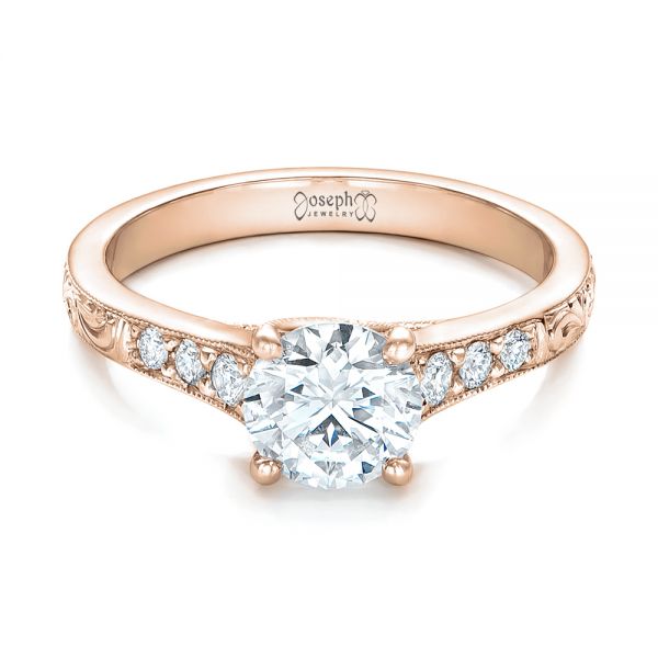 14k Rose Gold 14k Rose Gold Custom Engraved Diamond Engagement Ring - Flat View -  102107