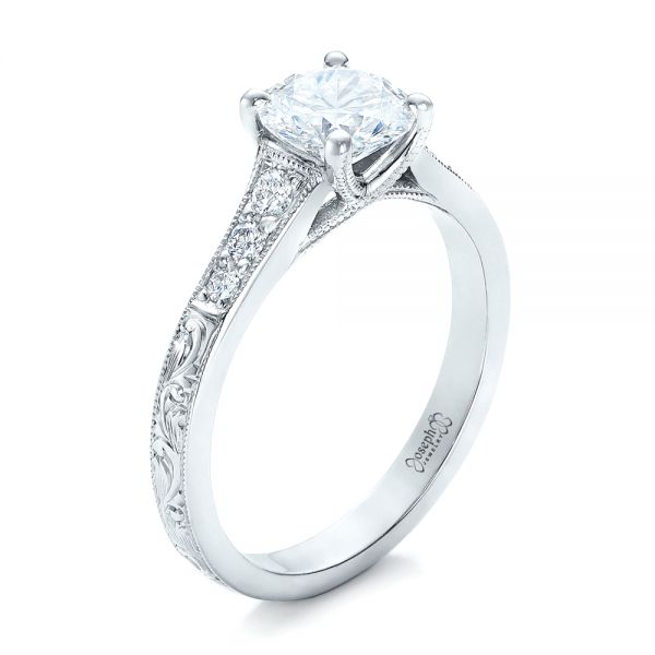 14k White Gold Custom Engraved Diamond Engagement Ring - Three-Quarter View -  102107