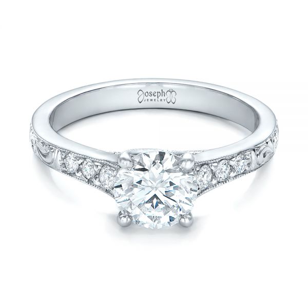 14k White Gold Custom Engraved Diamond Engagement Ring - Flat View -  102107