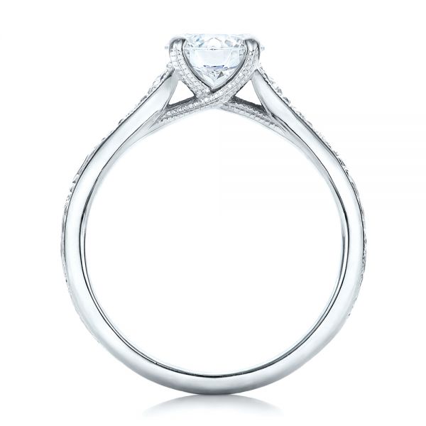 14k White Gold Custom Engraved Diamond Engagement Ring - Front View -  102107