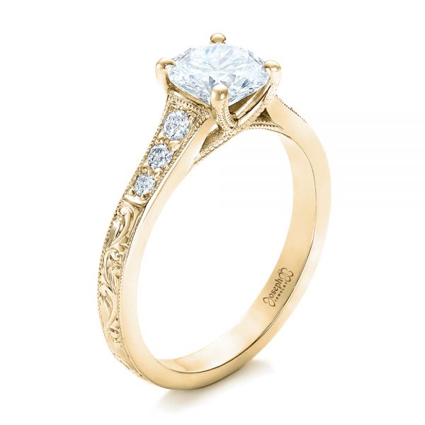 18k Yellow Gold 18k Yellow Gold Custom Engraved Diamond Engagement Ring - Three-Quarter View - 102107