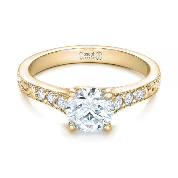 18k Yellow Gold 18k Yellow Gold Custom Engraved Diamond Engagement Ring - Flat View - 102107