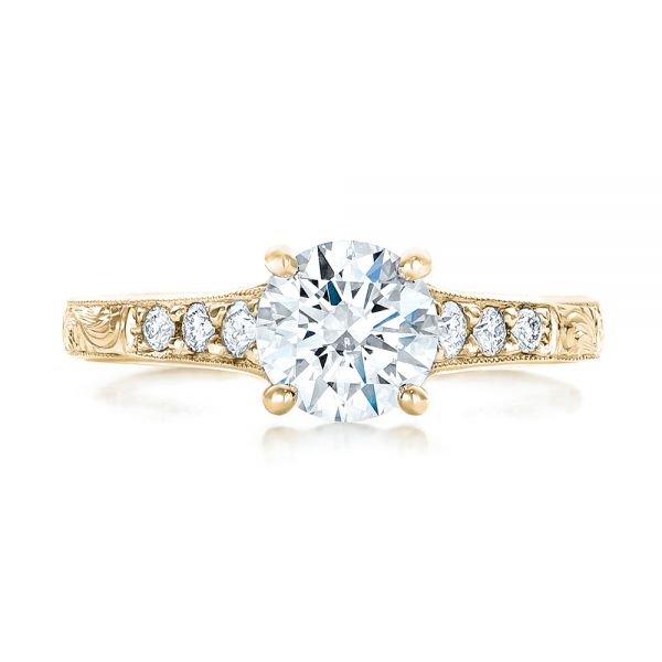 18k Yellow Gold 18k Yellow Gold Custom Engraved Diamond Engagement Ring - Top View - 102107