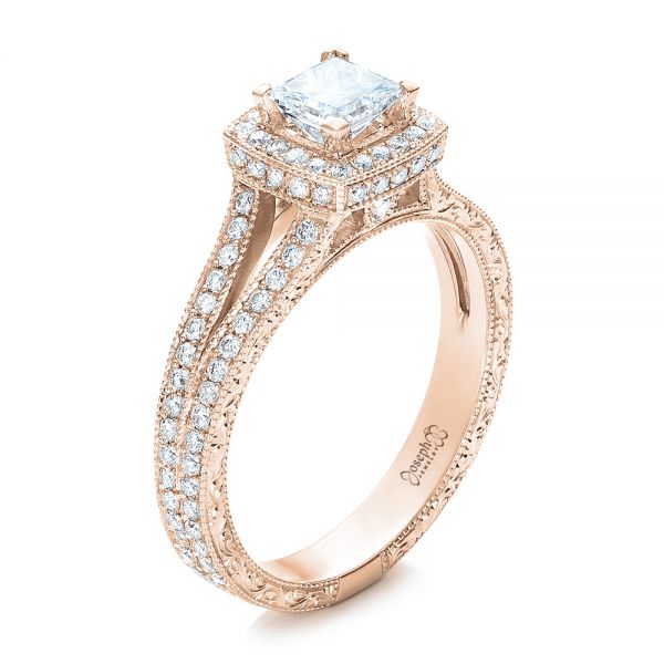 18k Rose Gold 18k Rose Gold Custom Engraved Princess Cut And Halo Diamond Engagement Ring - Three-Quarter View -  101592