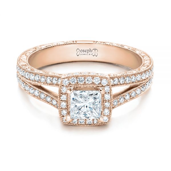 14k Rose Gold 14k Rose Gold Custom Engraved Princess Cut And Halo Diamond Engagement Ring - Flat View -  101592