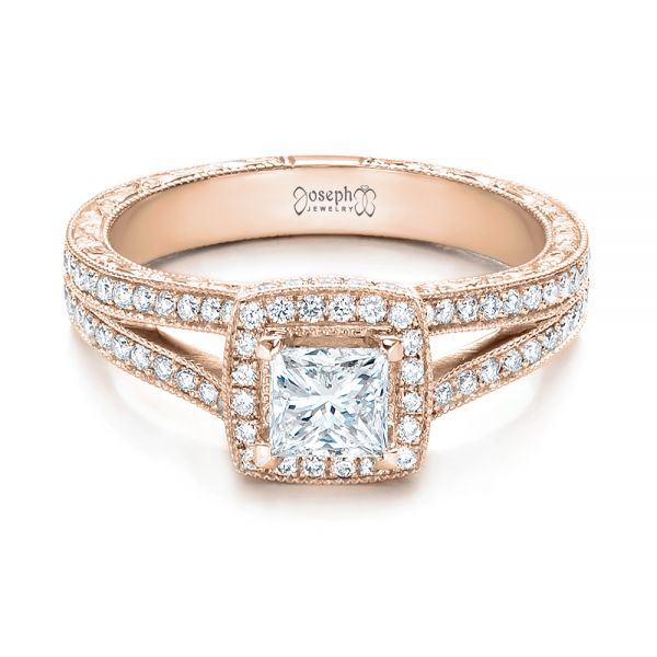 18k Rose Gold 18k Rose Gold Custom Engraved Princess Cut And Halo Diamond Engagement Ring - Flat View - 101592