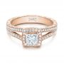 14k Rose Gold 14k Rose Gold Custom Engraved Princess Cut And Halo Diamond Engagement Ring - Flat View -  101592 - Thumbnail