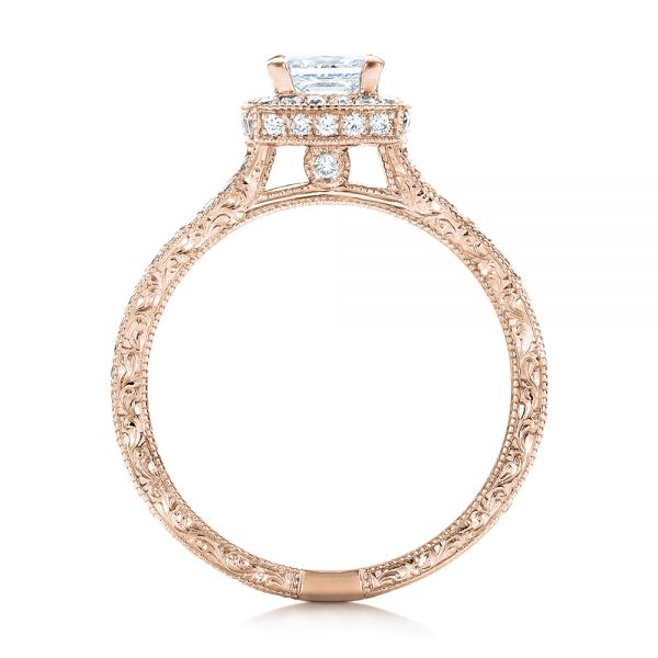 14k Rose Gold 14k Rose Gold Custom Engraved Princess Cut And Halo Diamond Engagement Ring - Front View -  101592