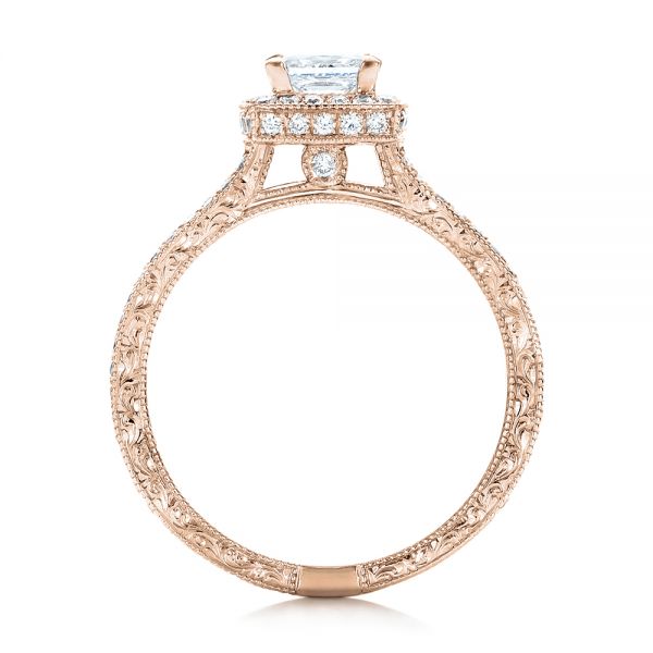 18k Rose Gold 18k Rose Gold Custom Engraved Princess Cut And Halo Diamond Engagement Ring - Front View - 101592