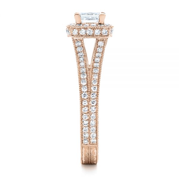 18k Rose Gold 18k Rose Gold Custom Engraved Princess Cut And Halo Diamond Engagement Ring - Side View - 101592